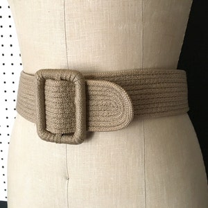 Vintage Tan Woven Belt with Large Rectangular belt buckle | Basketweave Wide Woven Belt | 1980&#39;s Fun Bohemian thick tan belt with velcro