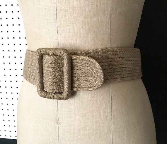 Vintage Tan Woven Belt with Large Rectangular bel… - image 1