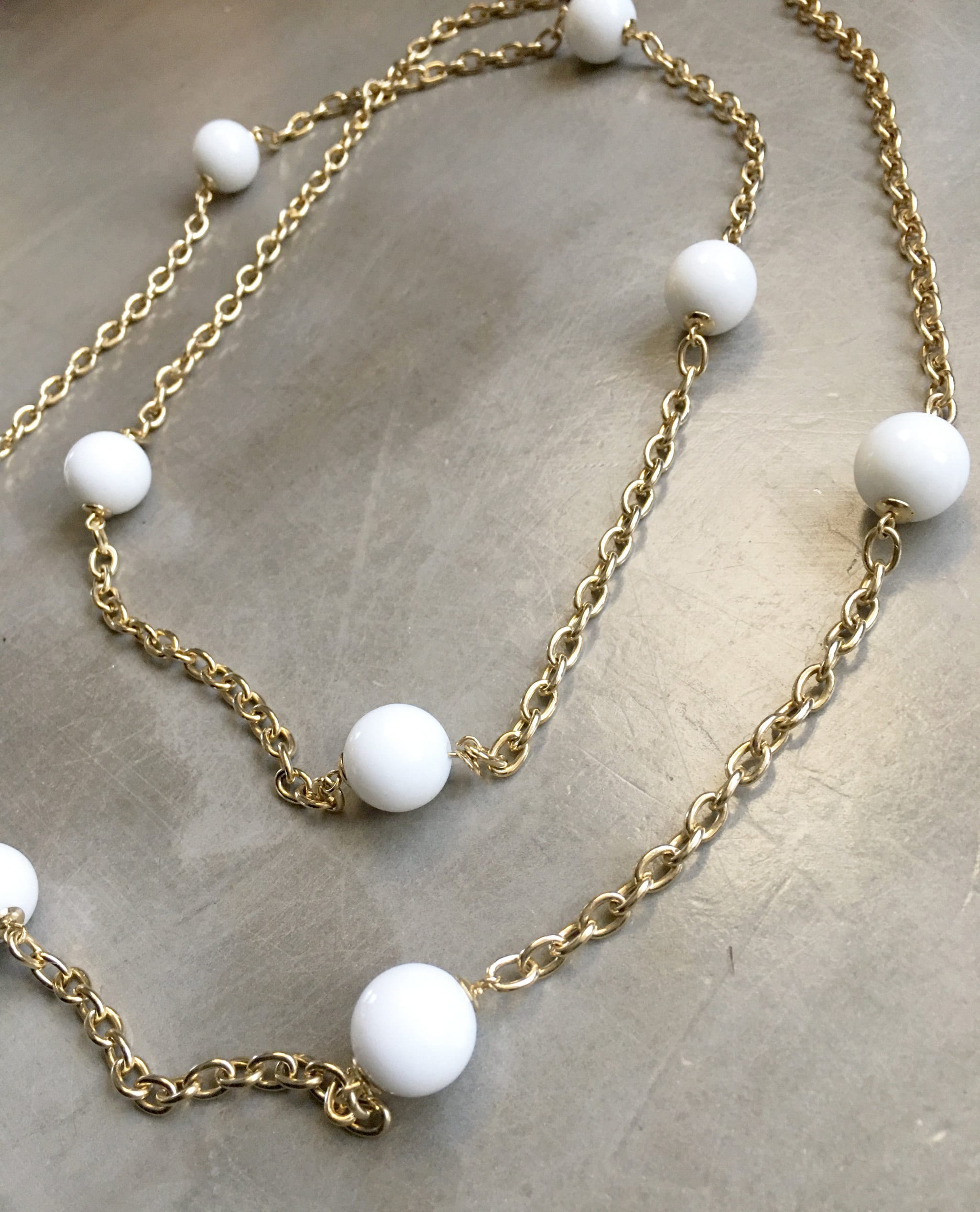 Long White Ball Beaded Gold Chain Necklace vintage White Large Beaded