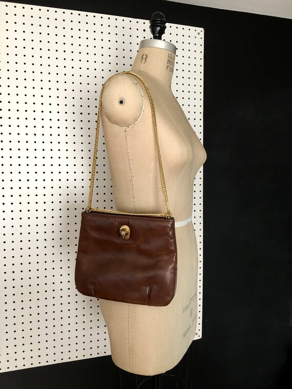 Brown Vintage Ruth Saltz Gold Cougar Hardware Leather Shoulder Bag View 3