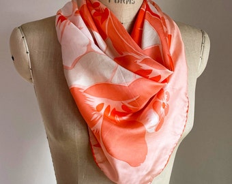 Vintage Peachy Coral Hibiscus Floral Printed Silk XL Scarf
