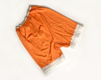 Vintage Womans Nylon Bloomers | Bright Orange Slip Shorts w/ Lace Trim | Elastic Waist Long Panties | Lace Trim Pantaloons w/ sheer ruffles