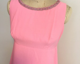 Pink Sleeveless Cocktail Vintage Dress 1960&#39;s Sheath Boat Neck Dress w/ Decorative Bling Pink Rhinestone, Silver Pink Thread Keyhole