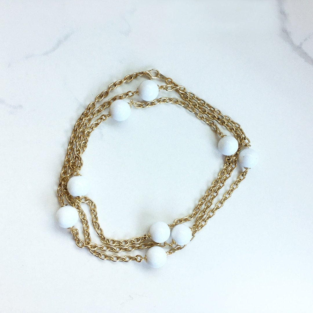Long White Ball Beaded Gold Chain Necklace vintage White Large Beaded
