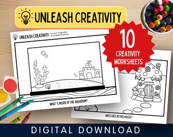 May include: A set of 10 printable black and white coloring pages for kids. The pages feature a variety of themes, including an aquarium, a house, and a mushroom. The text "UNLEASH CREATIVITY" is at the top of the page. The text "10 CREATIVITY WORKSHEETS" is in a red starburst shape.