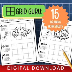 May include: Two drawing worksheets with a turtle and fish illustration, part of a "Grid Guru" set. The worksheets are designed for drawing practice, with instructions to look, draw, and add details. The image also includes the text "15 Drawing Worksheets" and "Digital Download".