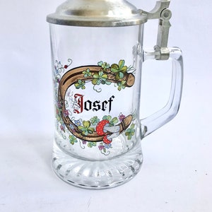 Vintage Bierkrug, Bierglas mit Zinndeckel Schallet, Josef, Hufeisen, Kleeblatt, Glücksbecher, 0,5l Bild 1