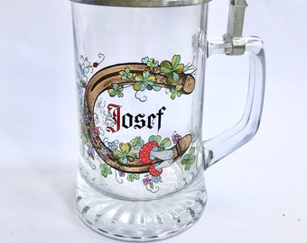 Vintage Bierkrug, Bierglas mit Zinndeckel Schallet, Josef, Hufeisen, Kleeblatt, Glücksbecher, 0,5l