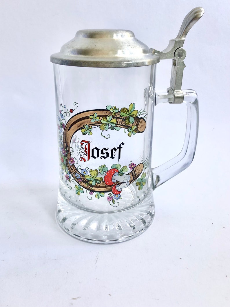 Vintage Bierkrug, Bierglas mit Zinndeckel Schallet, Josef, Hufeisen, Kleeblatt, Glücksbecher, 0,5l Bild 1
