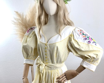 Vintage dirndl long costume 2-piece yellow/white size 38 /US 6 >please note dimensions<