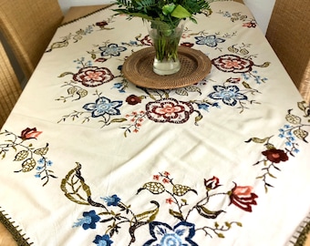 Vintage tablecloth embroidered, handmade, flowers, rectangle
