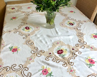 Vintage tablecloth embroidered, handmade, cross stitch, rectangle