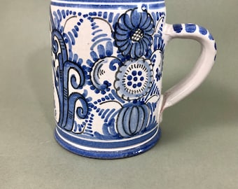 Vintage beer mug, beer stein, ceramic mug, hand painted, blue white pattern