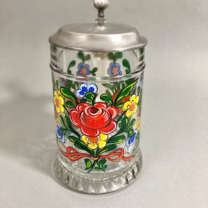 Vintage beer mug, beer glass with pewter lid, pure pewter, beer mug, floral motif, peasant painting, 0.5L