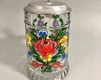 Vintage Bierkrug, Bierglas mit Zinndeckel, rein Zinn, Bier Seidel, Florales Motiv, Bauernmalerei, 0,5L