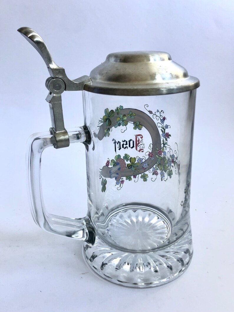 Vintage Bierkrug, Bierglas mit Zinndeckel Schallet, Josef, Hufeisen, Kleeblatt, Glücksbecher, 0,5l Bild 8