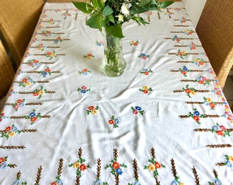 Vintage tablecloth embroidered, handmade, rectangle, floral, color pop,