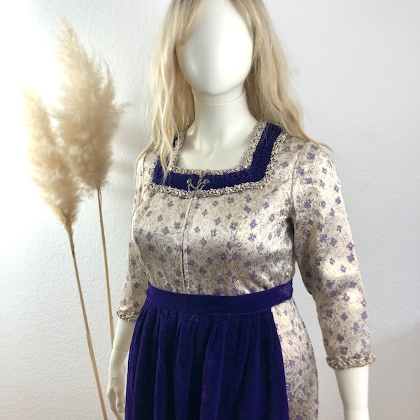 Traje dirndl corto vintage, 2 piezas, dorado/morado, talla 48/EE. UU. 14 >tenga en cuenta las dimensiones<