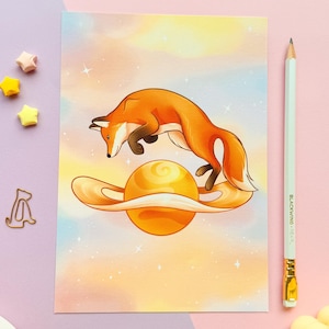 Impression illustrée de renard de Saturne | Renard sautant mignon | Renard céleste de Saturne | Mini impression esthétique pastel | Personnage kawaii