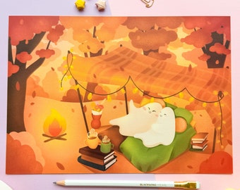 Lámina artística Ghostie Date / Ilustración acogedora de estilo cottagecore otoñal