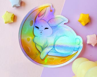 Holographic Moon Bunny Sticker | Kawaii Luna Vinyl Decal