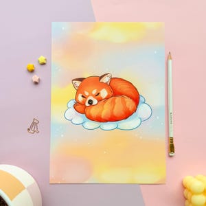 Impresión ilustrada de panda rojo / Lindo panda rojo durmiendo / Panda celestial nublado / Mini impresión estética pastel / Personaje kawaii