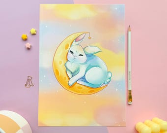 Kunstdruk konijn slaperig maankonijn | Pastelkleurige kawaii-illustratie