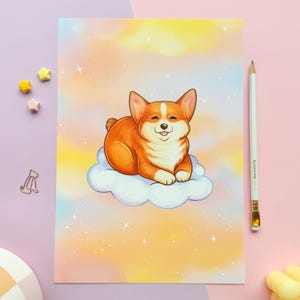 かわいいコーギーのイラストプリント | 雲の上の愛らしいコーギー | 天国のペットの犬 | パステル調の美的ミニプリント | かわいいキャラクター