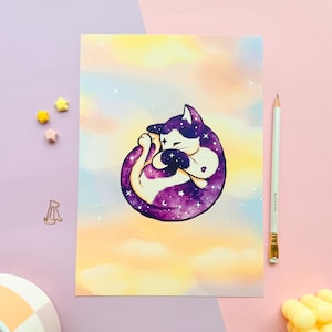 Stampa illustrata Cosmic Kitty / Gatto della galassia carino / Gatto croissant del cielo stellato / Mini stampa estetica pastello / Personaggio kawaii
