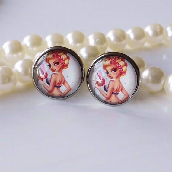 Rockabilly Studs /Pinup /Cabochon Earrings Vintage Retro /60s Pin up  Girl/ Stainless Steel Stainless Steel/ Retro Jewelry