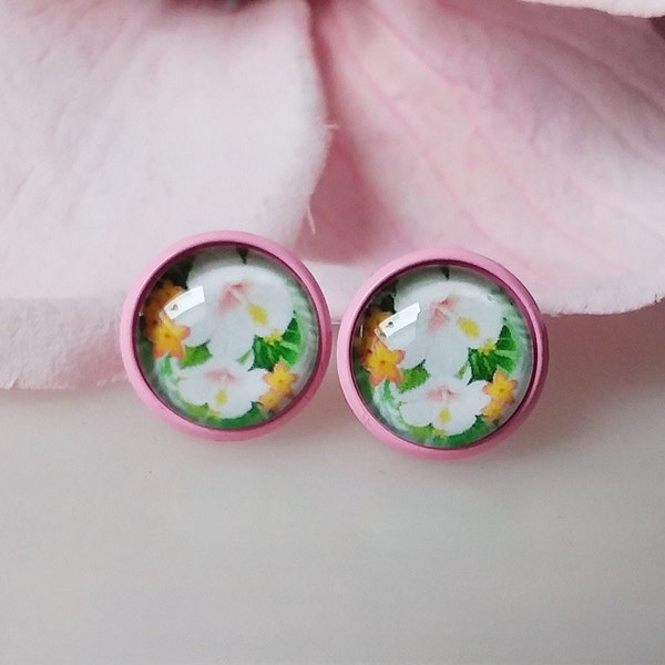 Rockabilly Ohrstecker Hibiskus Blüten , Cabochon Ohrringe, Retro, Kawaii, rosa, grün, gelb, weiß