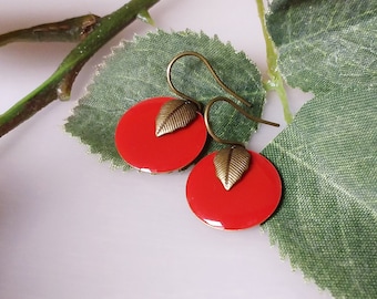 Earrings enamel brass earrings disc red enamelled earrings