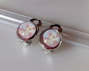 Mädchen Ohrclips/Ohrstecker Katze / Kätzchen /Cabochon Ohrringe /Edelstahl /Kinder Ohrclips/ Kinderschmuck