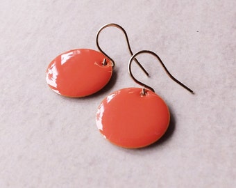 Earrings enamel brass earrings disc color peach coral enamelled earrings