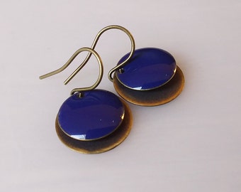 Enamel earrings / minimalist/ vintage earrings/enamel charm/ slice/circle / boho / brass/ royal blue /enamelled earrings