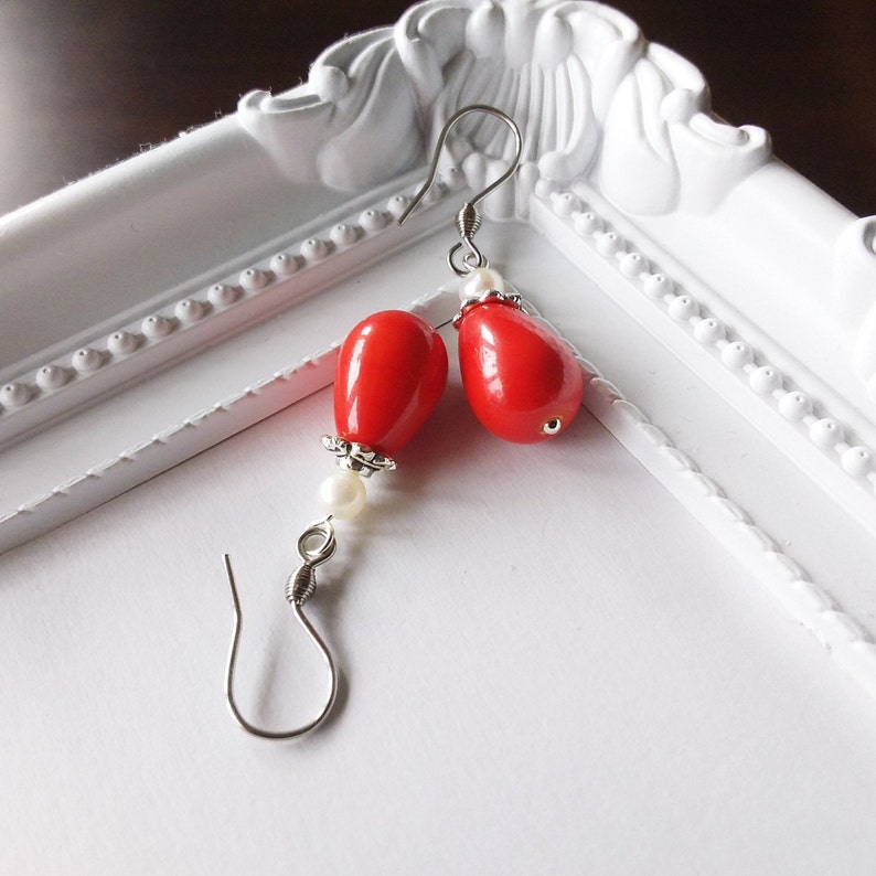 Vintage earrings red drops breeding bead stainless steel Stainless steel boho earrings