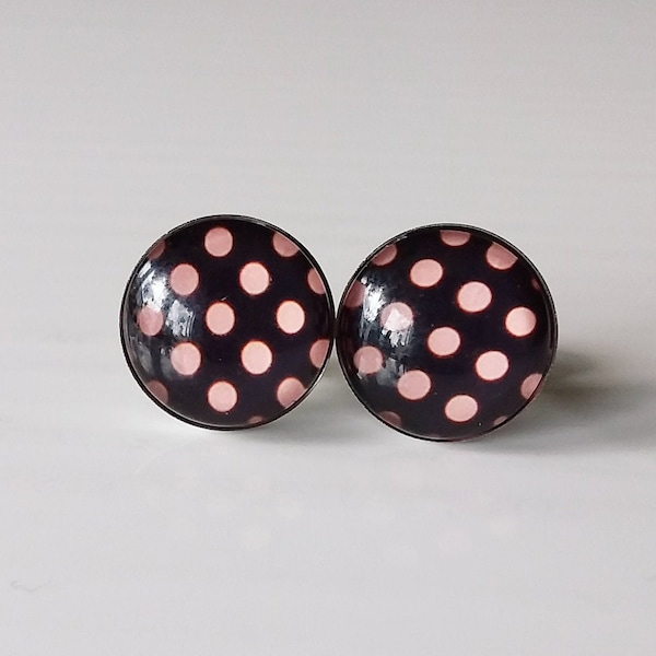 Ohrstecker Punkte ,Rockabilly Ohrringe, Cabochon Ohrringe,rosa,Dots, Polkadots ,Edelstahl ,Stainless Steel, gepunktet