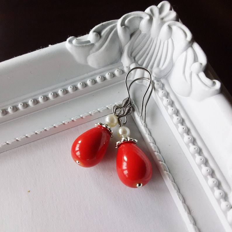 Vintage earrings red drops breeding bead stainless steel Stainless steel boho earrings