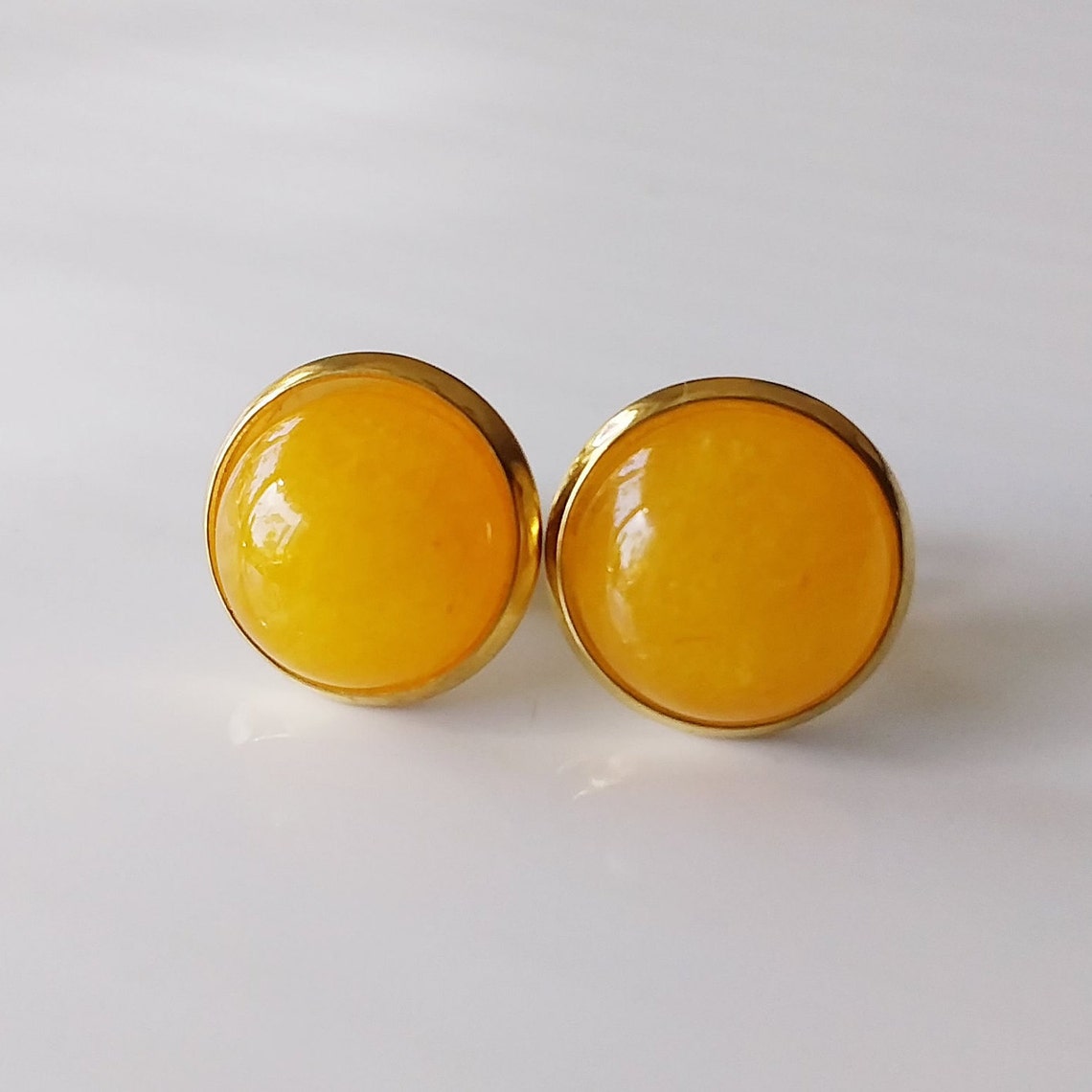 Jade stud earrings yellow cabochon earrings stainless | Etsy