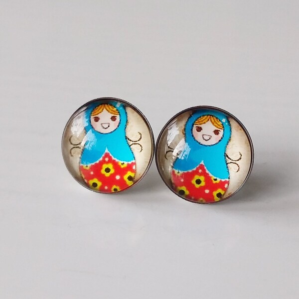 Ohrstecker Matroschka, Babuschka, Matryoschka Cabochon Ohrringe ,Edelstahl, Stainless Steel, Matrioska, Russia doll Earrings, Retro,pink