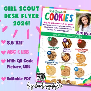 Girl Scout Cookie Desk Sign, LBB and ABC Cookie Flyer, Cookie Sales, Editable Printable Price Menu Sign, Custom QR/Picture, Cookie Thank you