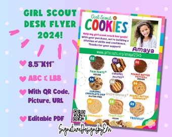 Girl Scout Cookie Desk Sign, LBB and ABC Cookie Flyer, Cookie Sales, Editable Printable Price Menu Sign, Custom QR/Picture, Cookie Thank you