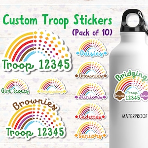 Girl Scout Custom Stickers, Girl Scout Bridging Gift, Daisy, Brownie, Junior, Cadette, Senior, Ambassador, Troop, Waterproof Sticker