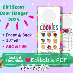 2024 Girl Scout Cookie Door hanger, Cookie Form, LBB and ABC Baker, Girl Scout Printable, Editable PDF, For Cookie Booth Sales, 3.5X8.5"