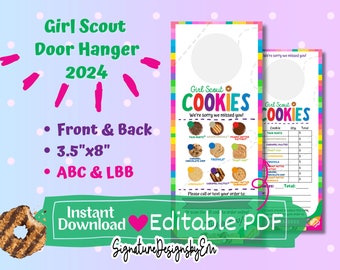 2024 Girl Scout Cookie Door hanger, Cookie Form, LBB and ABC Baker, Girl Scout Printable, Editable PDF, For Cookie Booth Sales, 3.5X8.5"