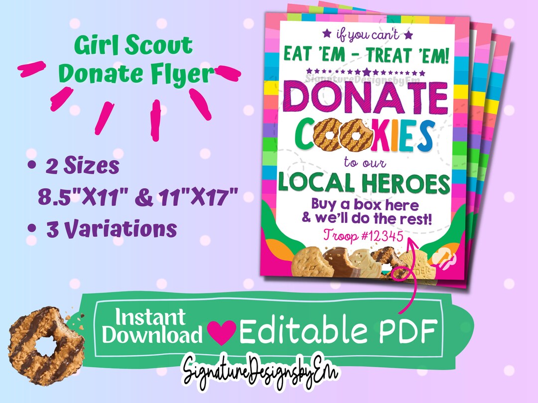 Girl Scout Cookie Donate Sign, Cookie Flyer, Cookie Sales, Editable ...