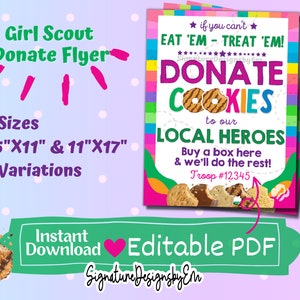 Girl Scout Cookie Donate Sign, Cookie Flyer, Cookie Sales, Editable Printable, Military Troops Sign, Poster and Flyer Sizes, Custom Text