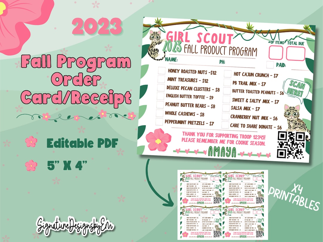 Girl Scout Fall Product Order Card, Fall Nut & Candy Receipt Form