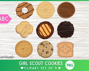 Girl Scout Cookies PNG, ABC Girl Scout Cookie Clipart, Digital Stickers, ABC Baker Cookies, Set of 9