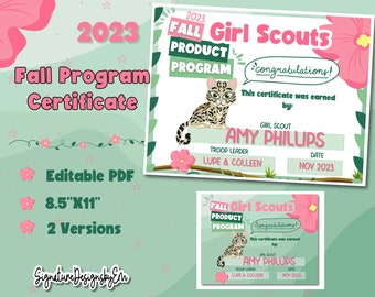 Girl Scout Fall Product Certificate, Fall Nut & Candy Award, 2023, Ocelot, Digital Download, Printable Editable PDF